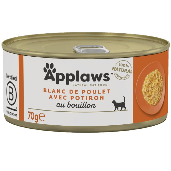 APPLAWS Natural – conservă hrană umedă complementară pentru pisici, piept de pui și dovleac în supă, 70 g